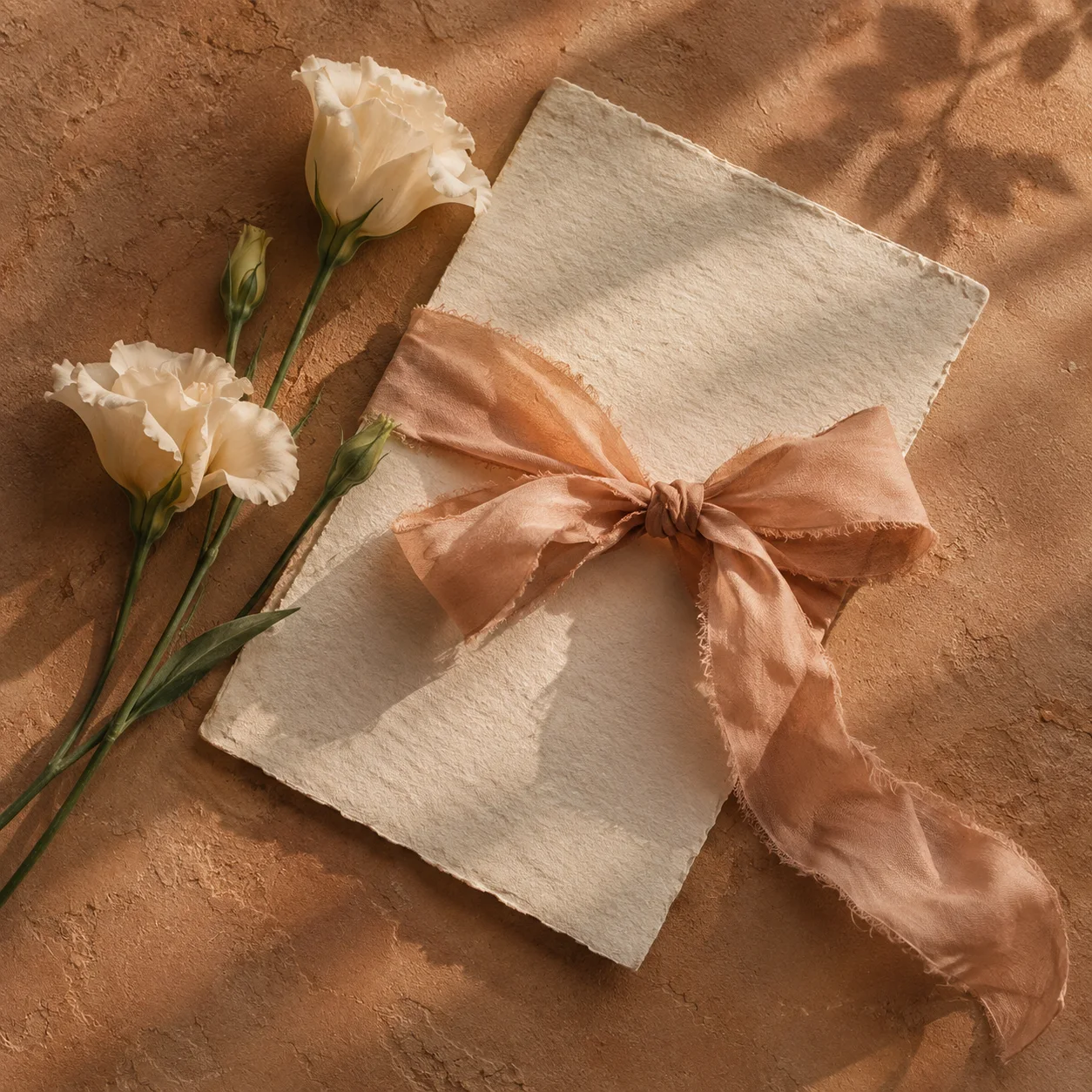 Imagem ilustrativa de um convite sem texto com laço de seda e flores