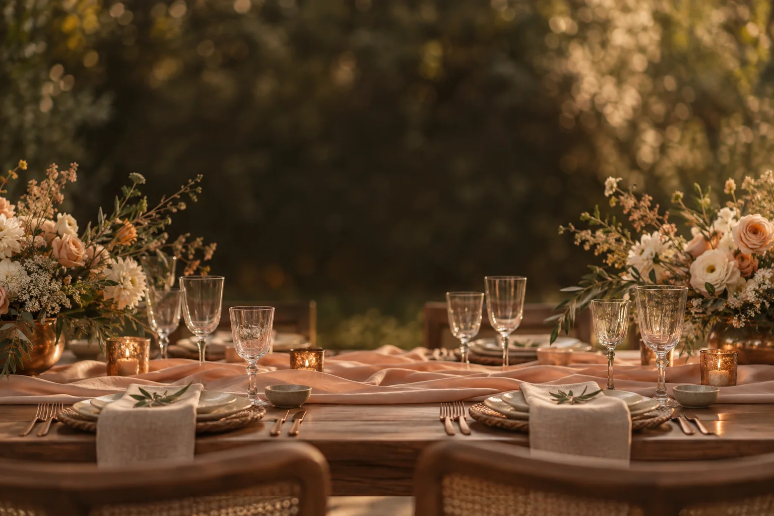 Imagem ilustrativa de uma mesa com flores e tecidos em tons de pêssego